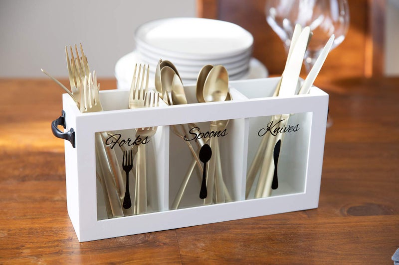 BLU MONACO White Wooden Cutlery & Utensil Caddy | Flatware Organizer for Forks, Spoons & Knives | Portable Silverware Holder with Handles â€“ Kitchen Countertop or Table Organizer, 12 x 3 x 6 in - Image 4